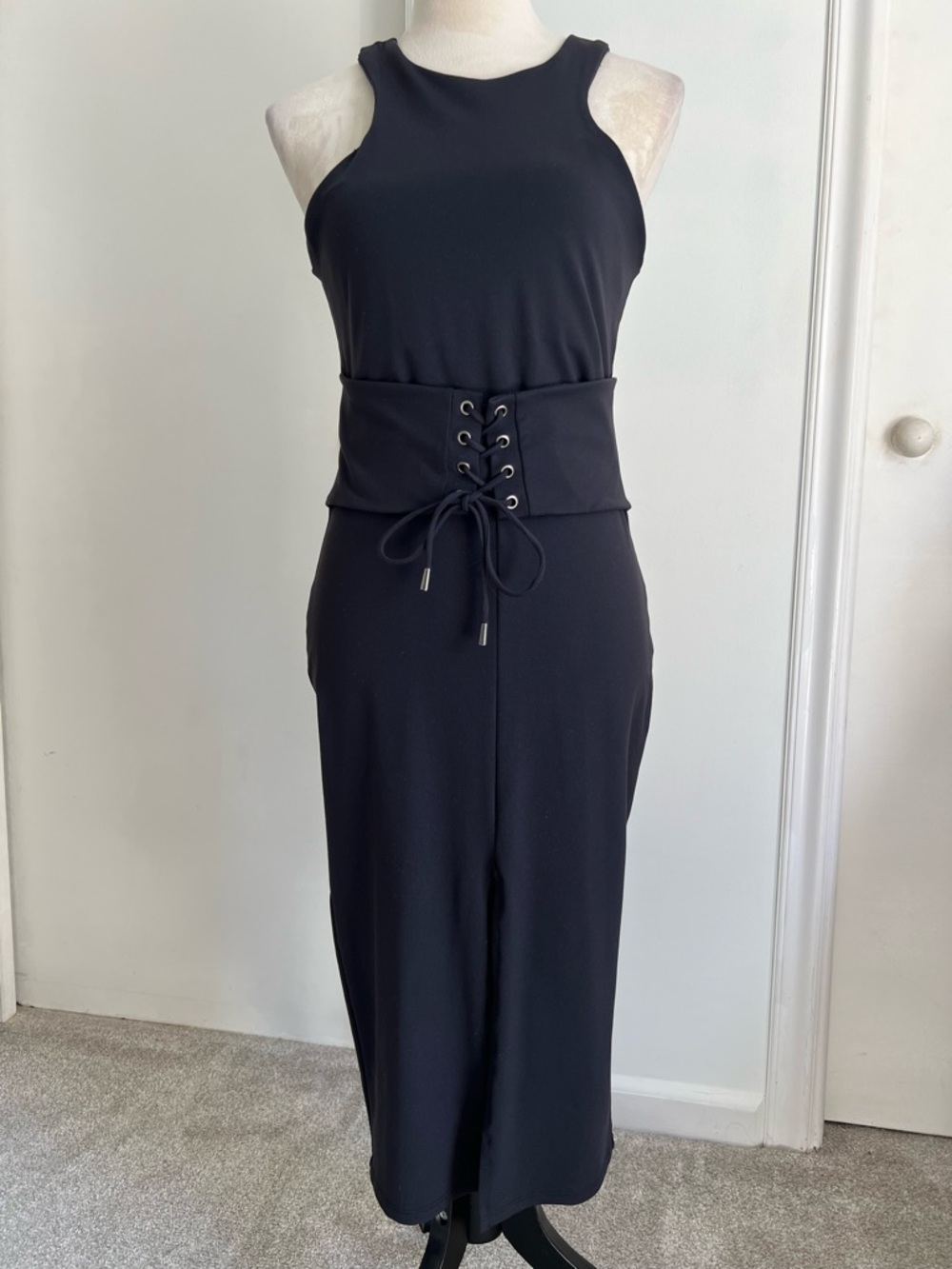 Black Sleeveless Midi Dress with Lace-Up Waist